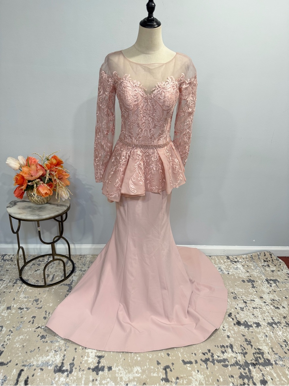 Designer Sample Piece -Elegant Pink Lace Peplum Long Sleeves Evening Formal Gown